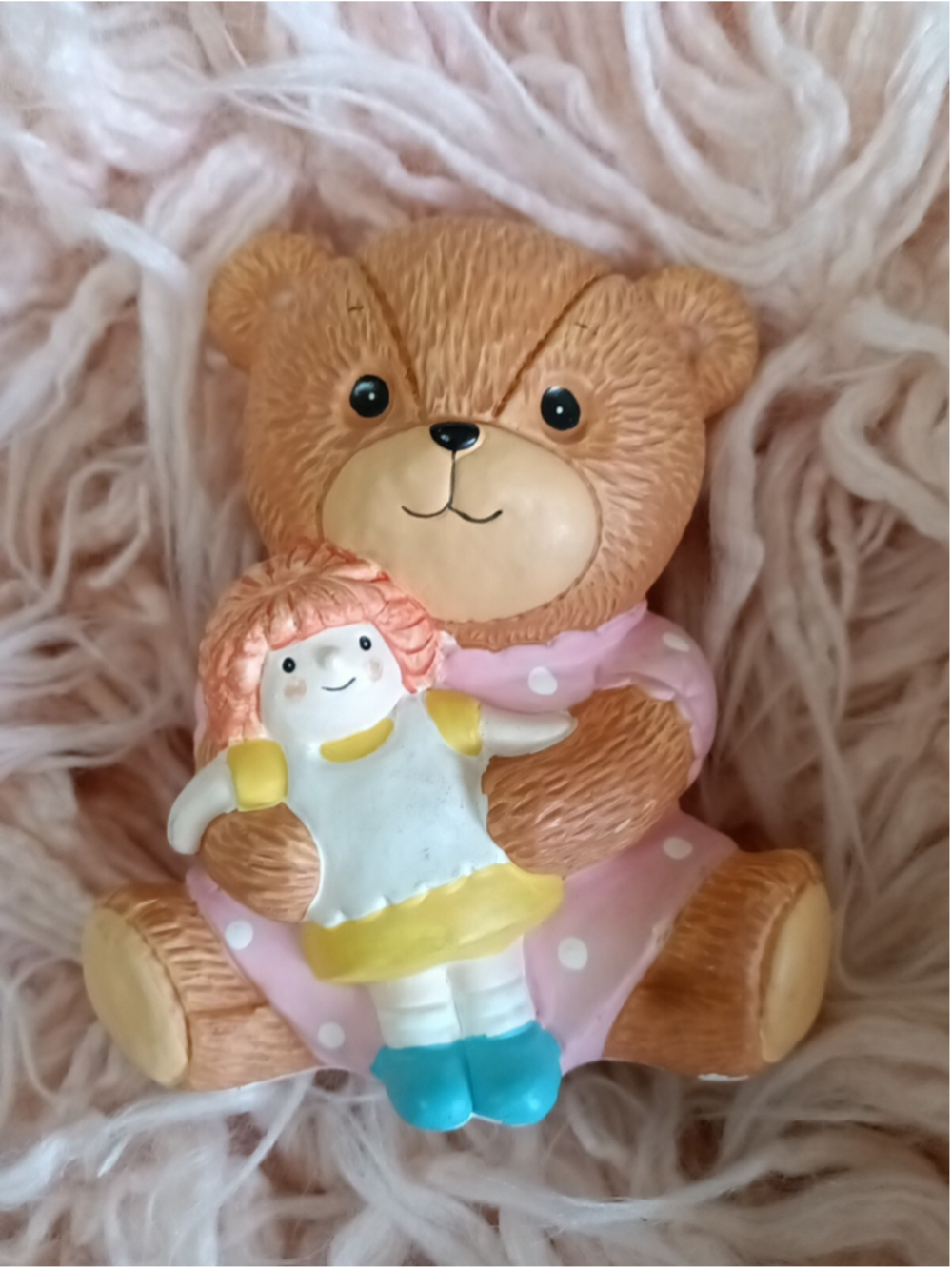 Lucy & Me Little Girl Bear With Rag Doll Savings Coin Bank Enesco Lucy Rigg 1984